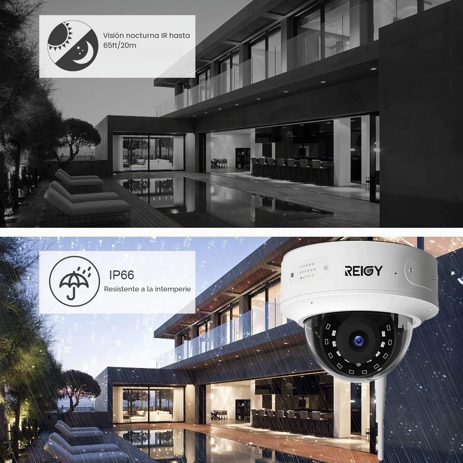 REIGY 3MP Cámara IP WiFi para Exteriores/Interiores, Cámara de Vigilancia a Prueba de Eexplosiones 1296P, Aplicación de Alarma de Visión Nocturna a Prueba de Ggua Compatible con iOS/Android