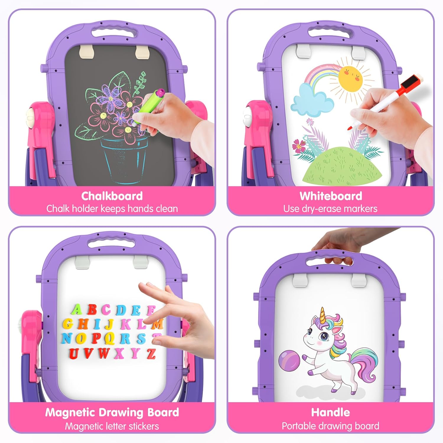 Easel for Kids, Adjustable Standing Rotatable Double Sided Toddlers Art Easel with Painting Accessories, Drawing Board Gift for Boys and Girls, Girl Birthday Gift, Purple