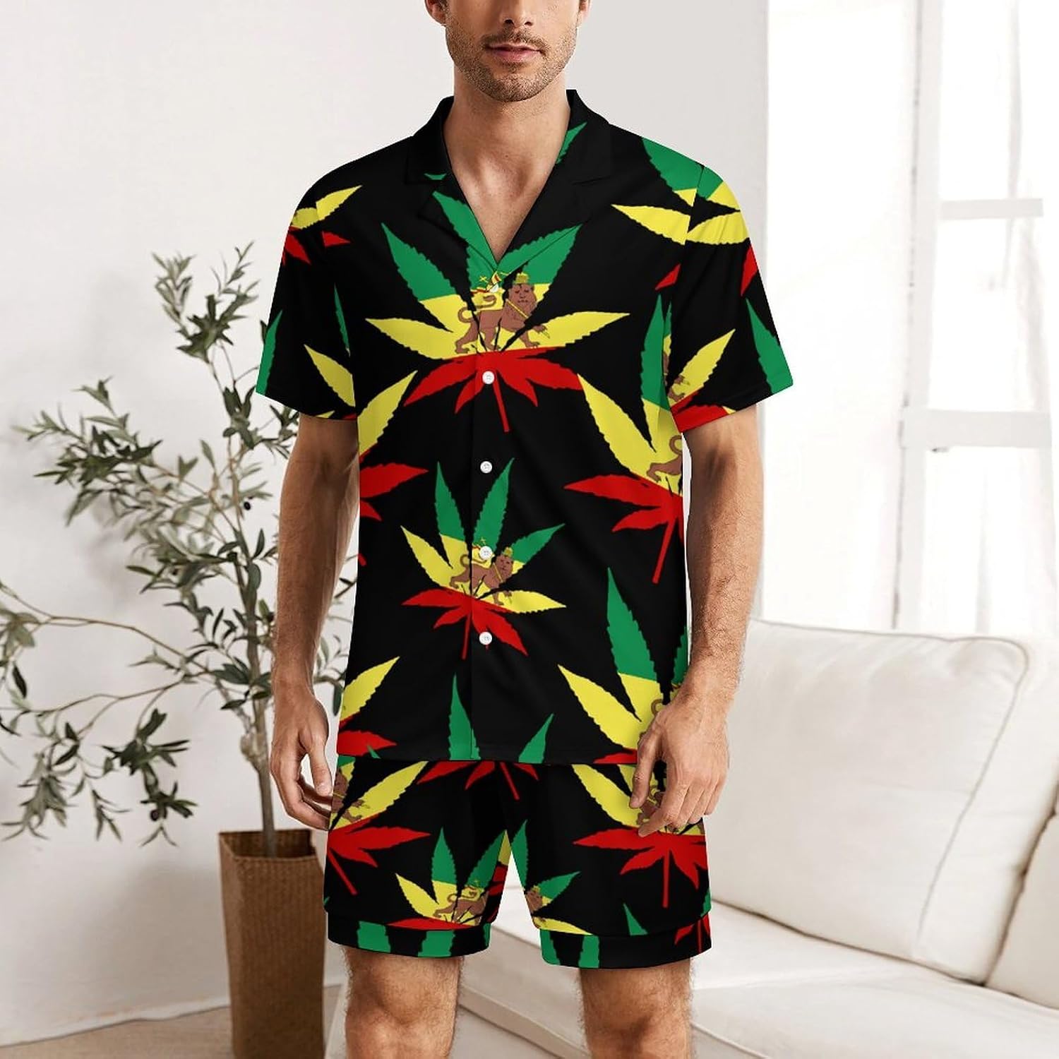 Jamaica Rasta Lion Leaf Men's Short Sleeve Pajama Set Satin Silk Like Lounge Sleepwear