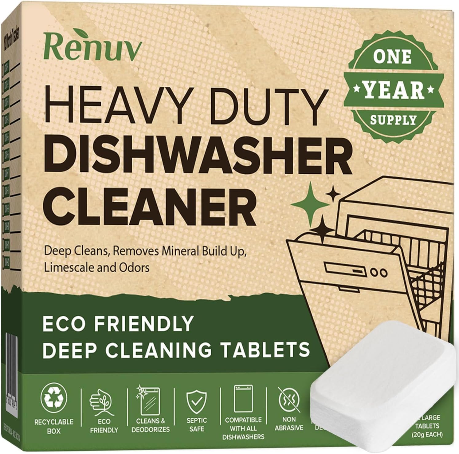 Renuv Dishwasher Cleaner & Deodorizer Tablets, Heavy Duty Deep Cleaning Eco Friendly Descaler Removes Odor, Calcium, Limescence, Hard Water Marks - 1 Year Supply