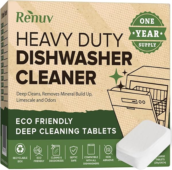 Renuv® Heavy Duty Dishwasher Cleaner & Deodorizer, Descaler, 12 XL Tablets