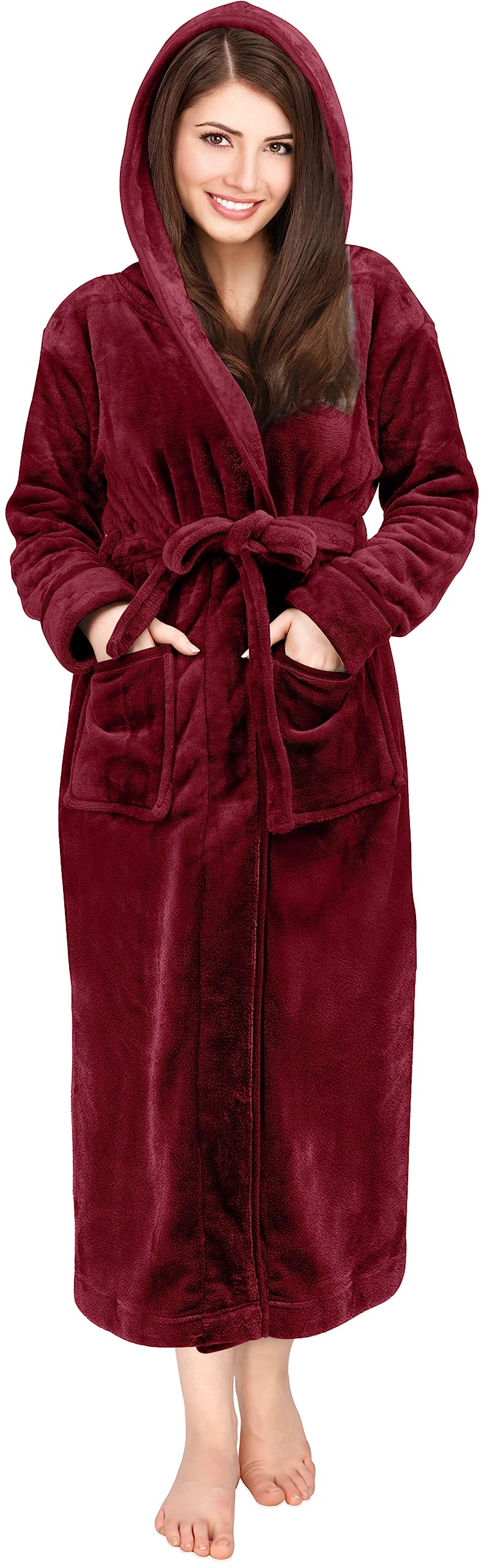 NY Threads Women's Fleece Hooded Bathrobe Plush Long Spa Robe, Small, Burgundy