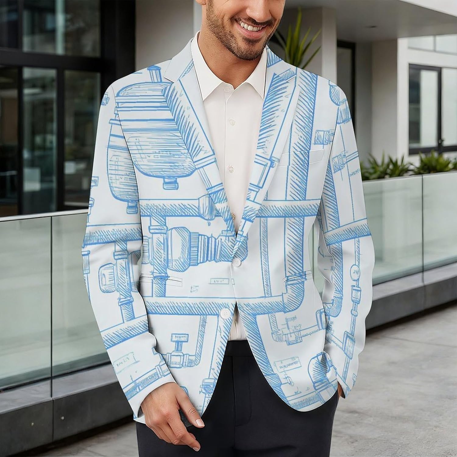 Plumbing Pattern Suits Blazer for Men Buttons Jacket Coat Business 6X-Large