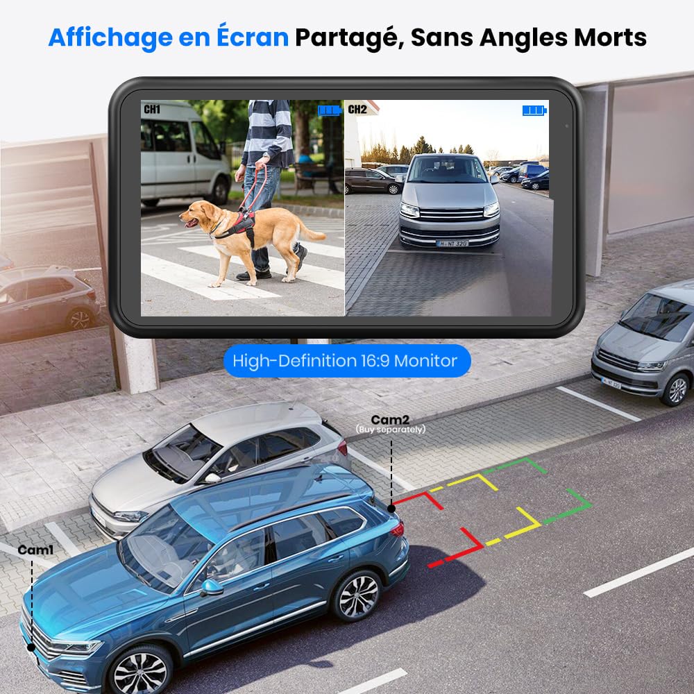 AUTO-VOX Camera de Recul sans Fil Solar avec Moniteur 5" 1080P: Batterie 5000mAh, Installation DIY 2 Mins, IP69K Imperméable, pour Fourgon/SUV/Camion/Remorque
