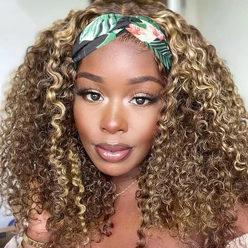XSY Headband Wig Human Hair 20 Inch Highlight Ombre kinky Curly Headband Wigs for Women Human Hair Glueless None Lace Front Curly Wave Wigs Brazilian Virgin Hair Wear and Go 150% Density