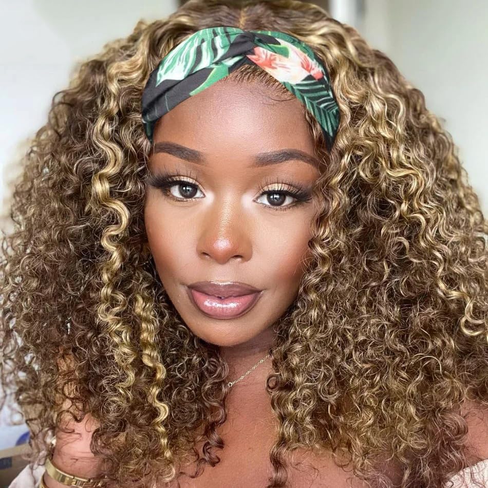 Image of XSY Headband Wig Human Hair Highlight Ombre kinky Curly Headband Wigs for Women Human Hair Glueless None Lace Front Curly Brazilian Virgin Hair Wear and Go 14 Inch