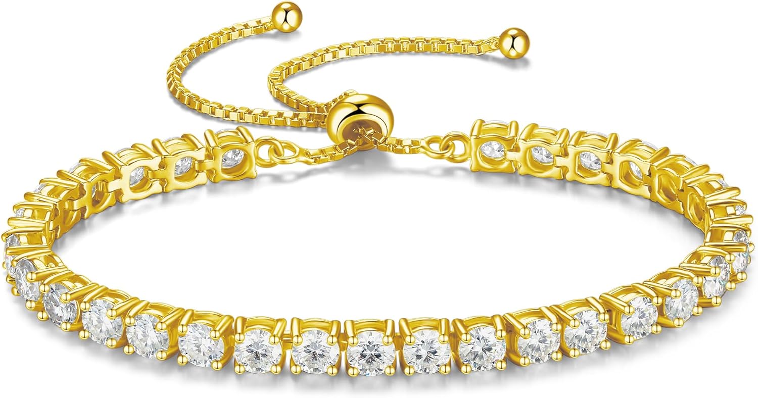 FANCIME Gold Moissanite Tennis Bracelet 1.2ct-12ct Lab Created Moissanite Diamond Bracelets,925 Sterling Silver Adjustable Bolo Tennis Bracelets, 2/3/4/5mm D Color VVS1 Round Cut Moissanite Bracelet for Women