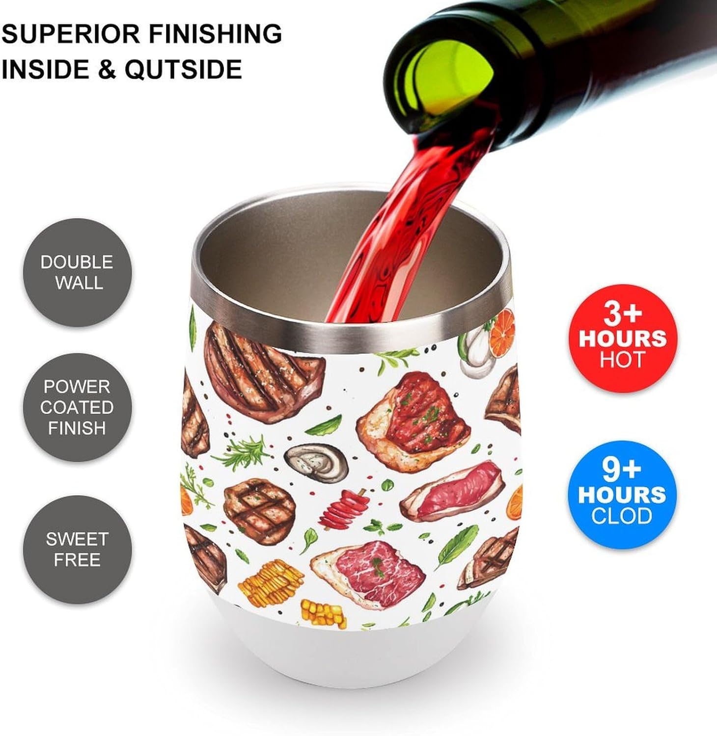 Meat Food And Barbecue Coffee Travel Mug Cup Insulated Tumbler Stainless Steel with Flip Lid One Size