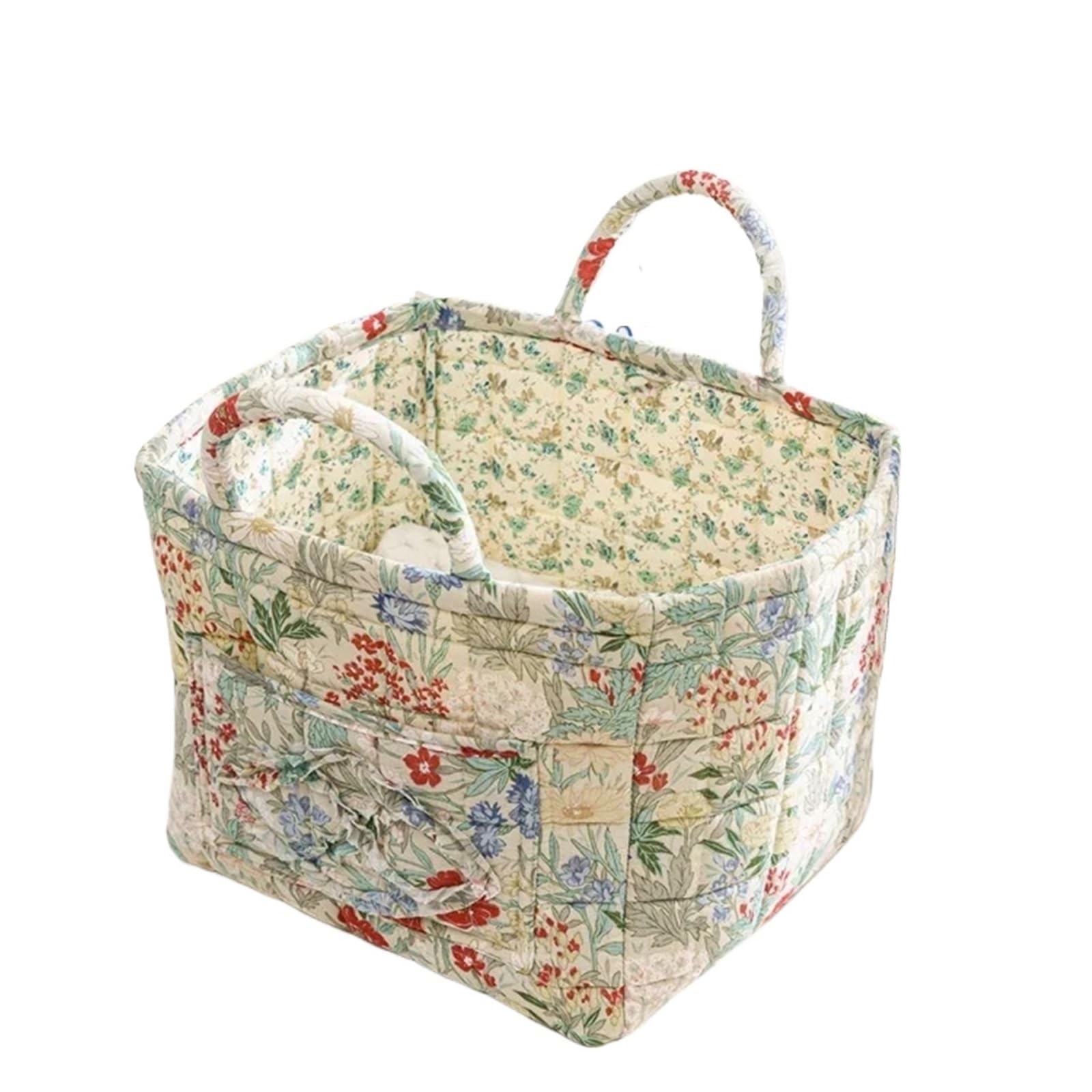 SUBLXPoten Foldable Floral Organizer Bin Floral Fabric Storage Bins with Handles, Folding Desktop Basket, Multi-Compartment Organizer for Clothes, Underwear & Decor