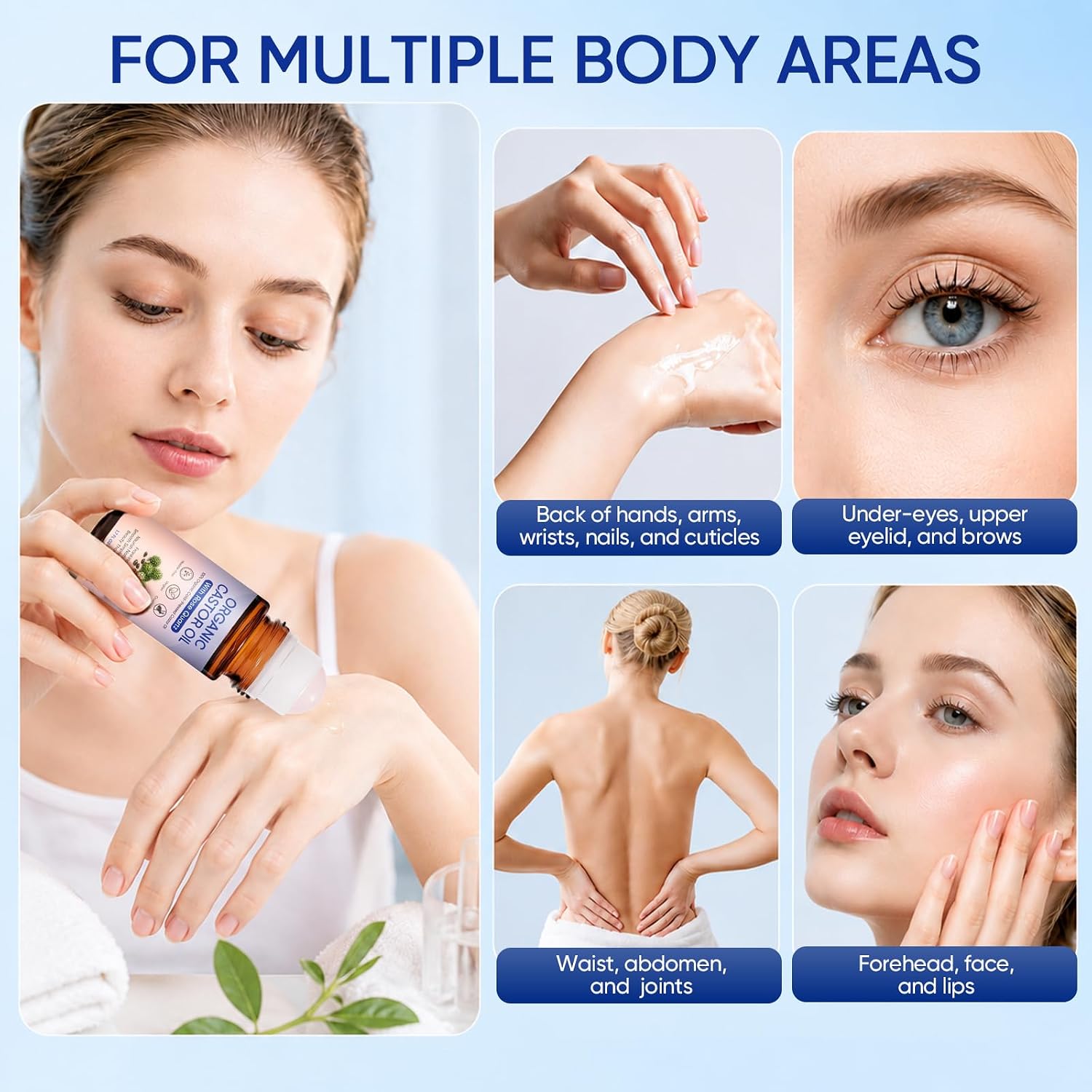 Castor Oil Rose Quartz Roller Ball, 2 Bottles 100% Cold Pressed Hexane Free Organic Castor Oil Roll On for Face, Skin, Eyebrows & Eyelashes, Moisturizing Beauty Oil, 3.4 Fl Oz (100mL)