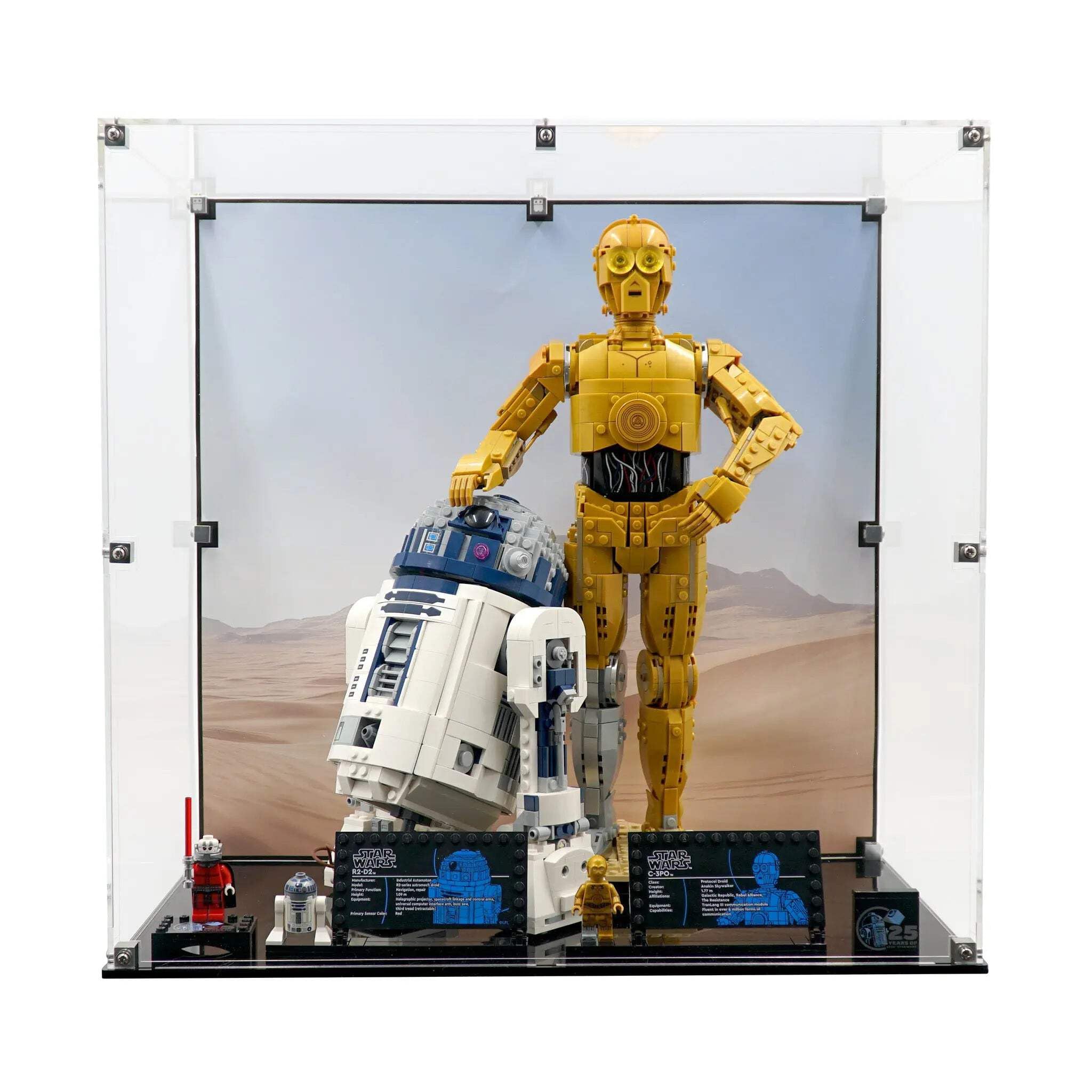 Brickcessories Display Case Compatible with Lego 75398 and 75379 - C-3PO and R2-D2 - Acrylic Dustproof Showcase with Pre-Printed Background - Set Not