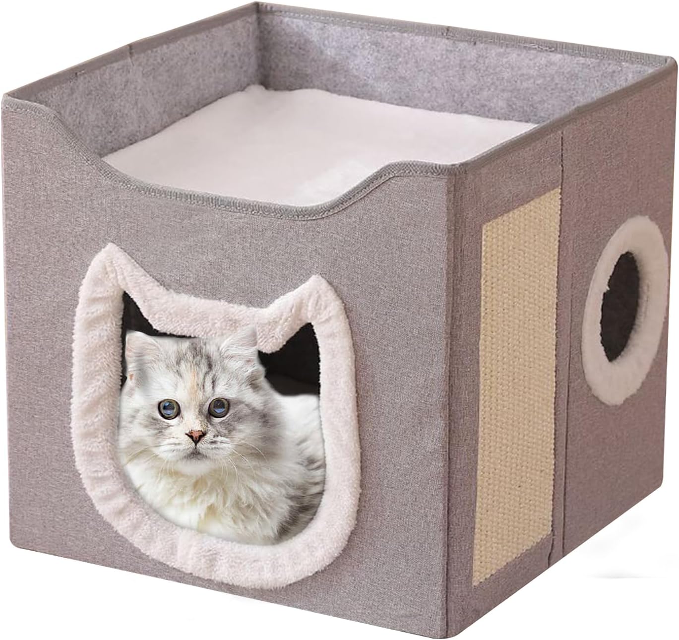 Cat Bed Cave - 折りたたみペットハウス ケンネル コンボ,2段階大型あたたかい休息用ケーブベッド 隠れ家 爪とぎ付き