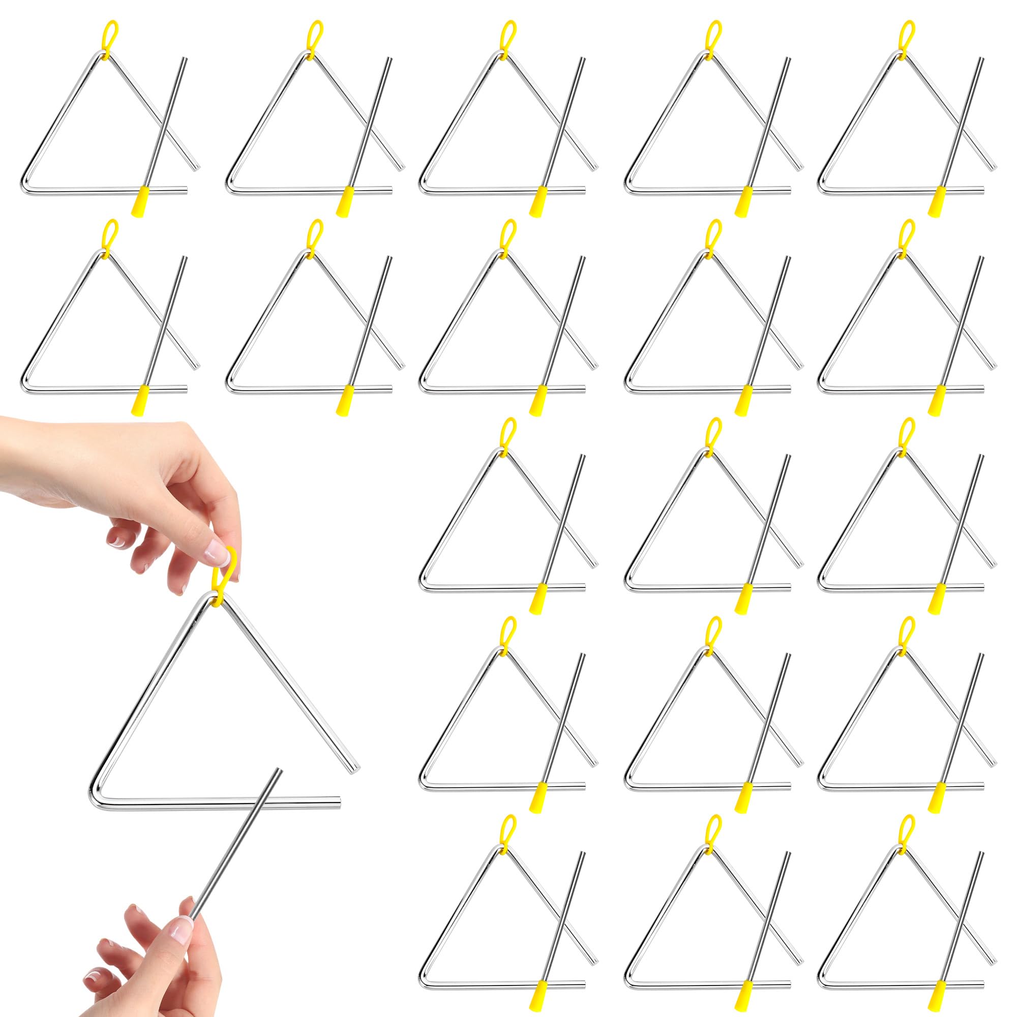 20 instrumentos triangulares con golpeador, instrumento de percusión triangular de acero de 6 pulgadas, instrumento triangular musical de mano para adultos