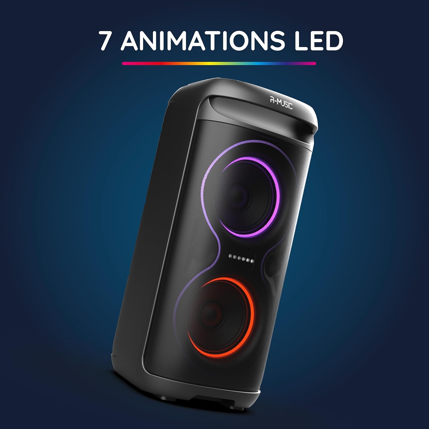 R-MUSIC Blaster M speaker displaying 7 different LED light animations