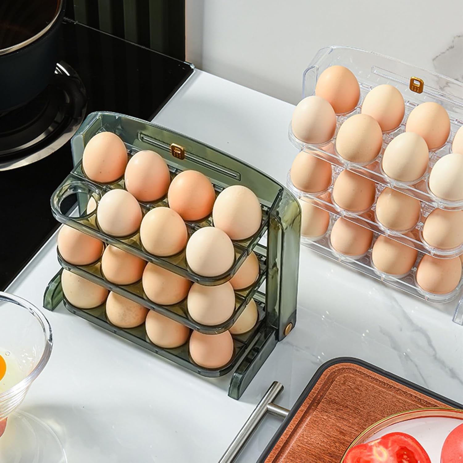 Egg Holder for Fridge Egg Tray Space-Saving 3-Layer Foldable Kitchen 24 Slots Fridge Door Egg Storage Box Daily Use Egg Holder (Green)
