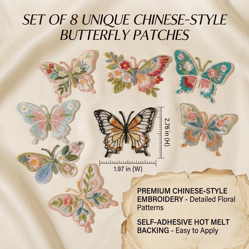 8PCS Ethnic Butterfly Patches, Floral Iron on Applique Patches for Clothes