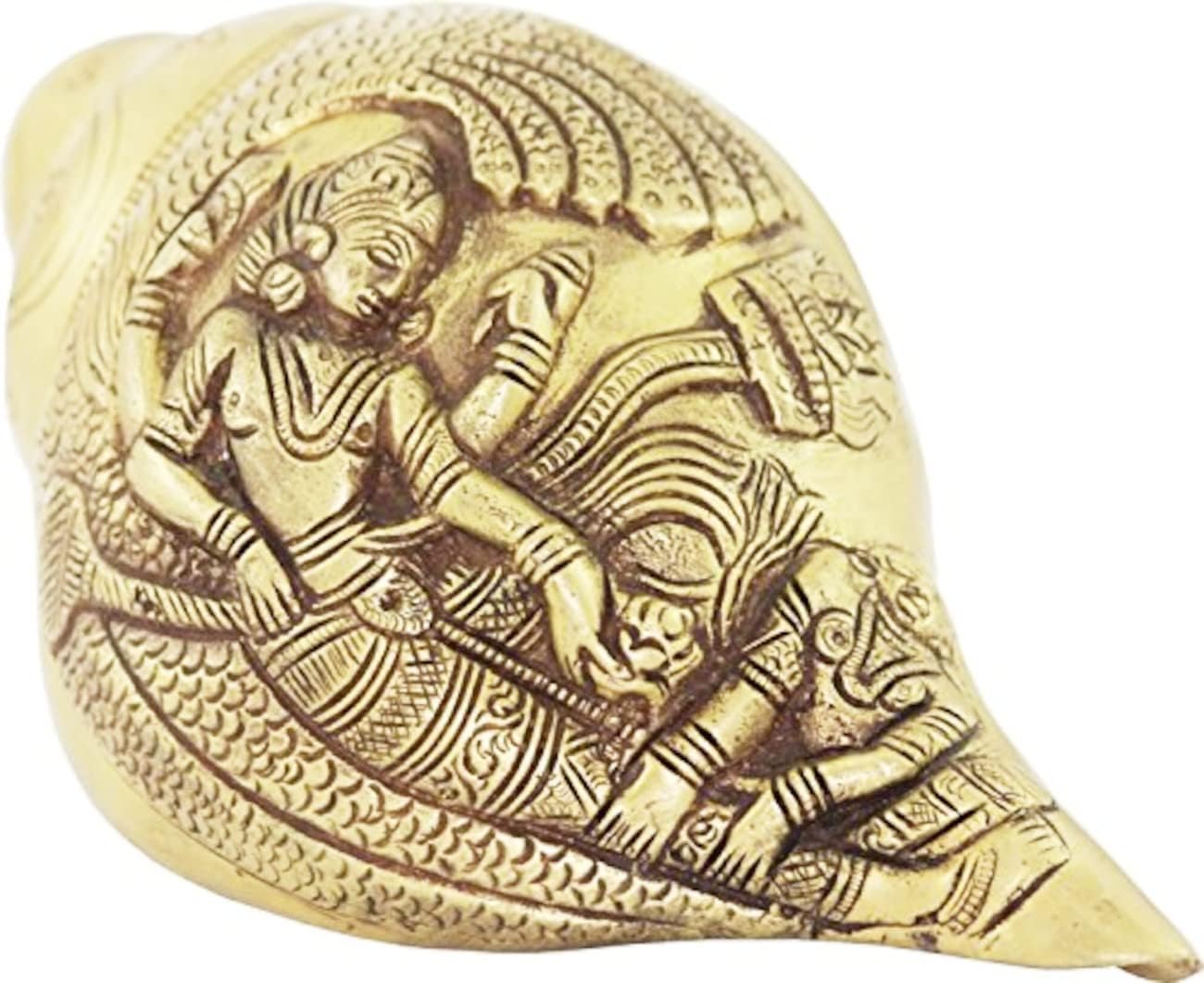 Purpledip Brass Vishnu and Lakshmi Decorative Shankh Intricately Sculpted in Antique Finish Vegan Cruelty Free (10015)