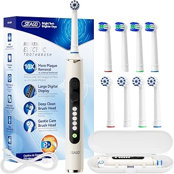 SEAGO Rotating Electric Toothbrush for Adults - 8 Replacement Heads 4 Soft/4 Hard, IPX7 Waterproof, 5 Modes with Memory Function, 2-Minute Timer, USB Type-C Rechargeable SG-2607-Beige
