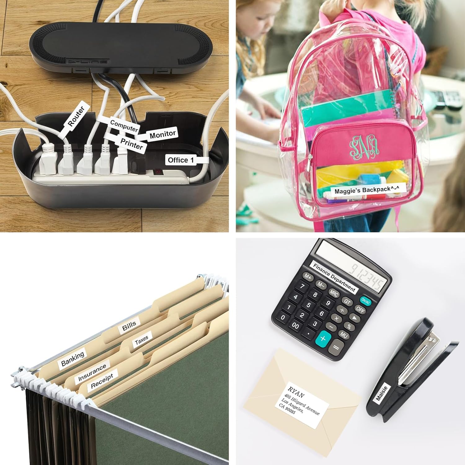 Collage of various items labeled with SUPVAN T50M labels for organization