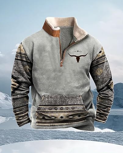Miniatura 5 de Sudaderas occidentales para hombre, diseño de vaquero azteca, vintage, con forro polar, con cremallera de un cuarto, chaqueta campestre