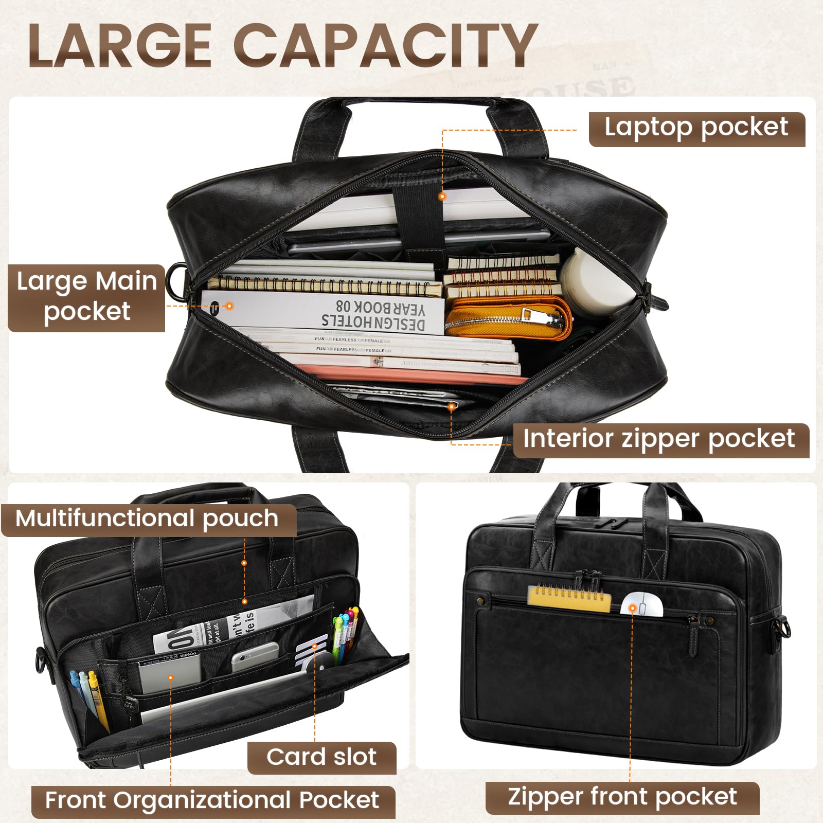 RAINSMORE Sacoche Ordinateur Homme 16 Pouces Cartable Homme Cuir PU Sac Bandoulière Imperméable Porte Document pour Travail Affaires Collège