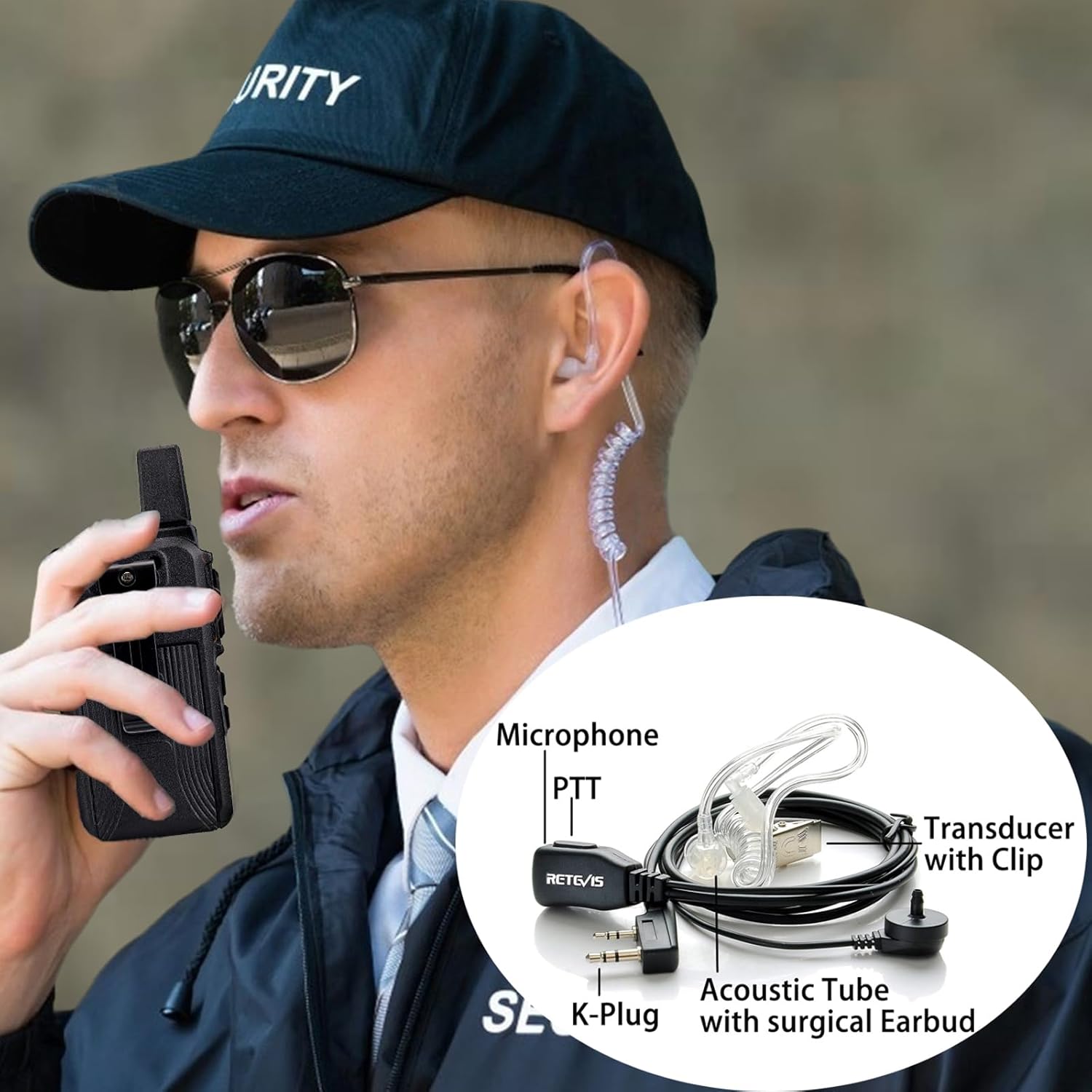 Person using Retevis RT19 walkie talkie with earpiece