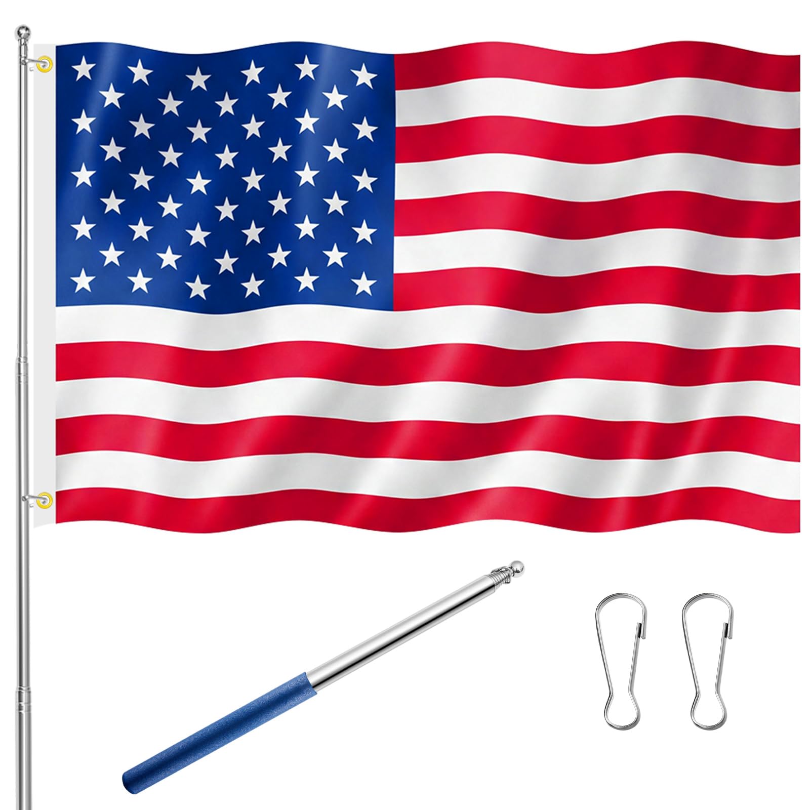 Tatuo 5ft x 3ft American USA Flag with Stainless Steel Pole for 4th of July Independence Day Polyester Vivid Color and Fade Proof for Indoor Outdoor Sports Fans Theme Party Decor — image 1