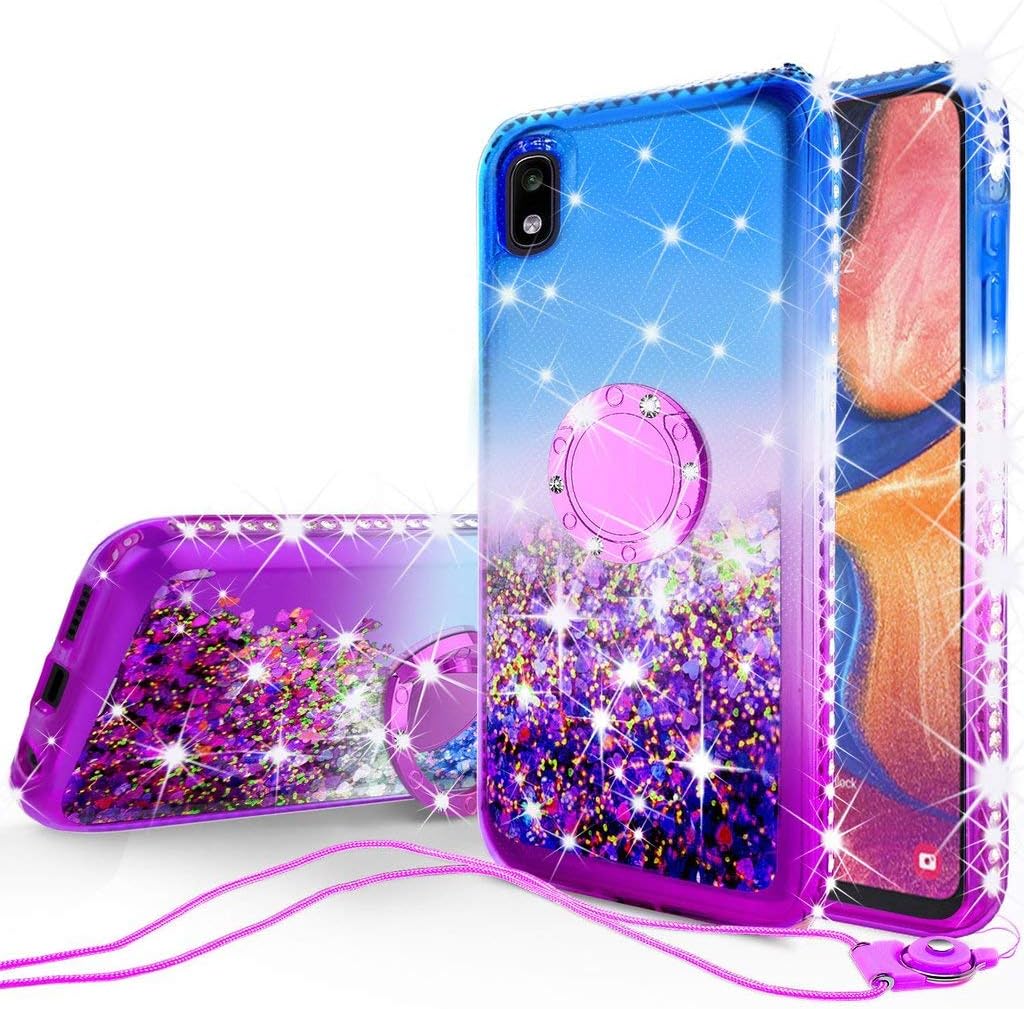 Galaxy A20 / A30 / A50 Case w/Tempered Glass Screen Protector Liquid Quicksand Glitter Cute Bling Ring Kickstand Girls Women Cases Compatible for Samsung Galaxy A20/A30/A205U - Purple/Blue