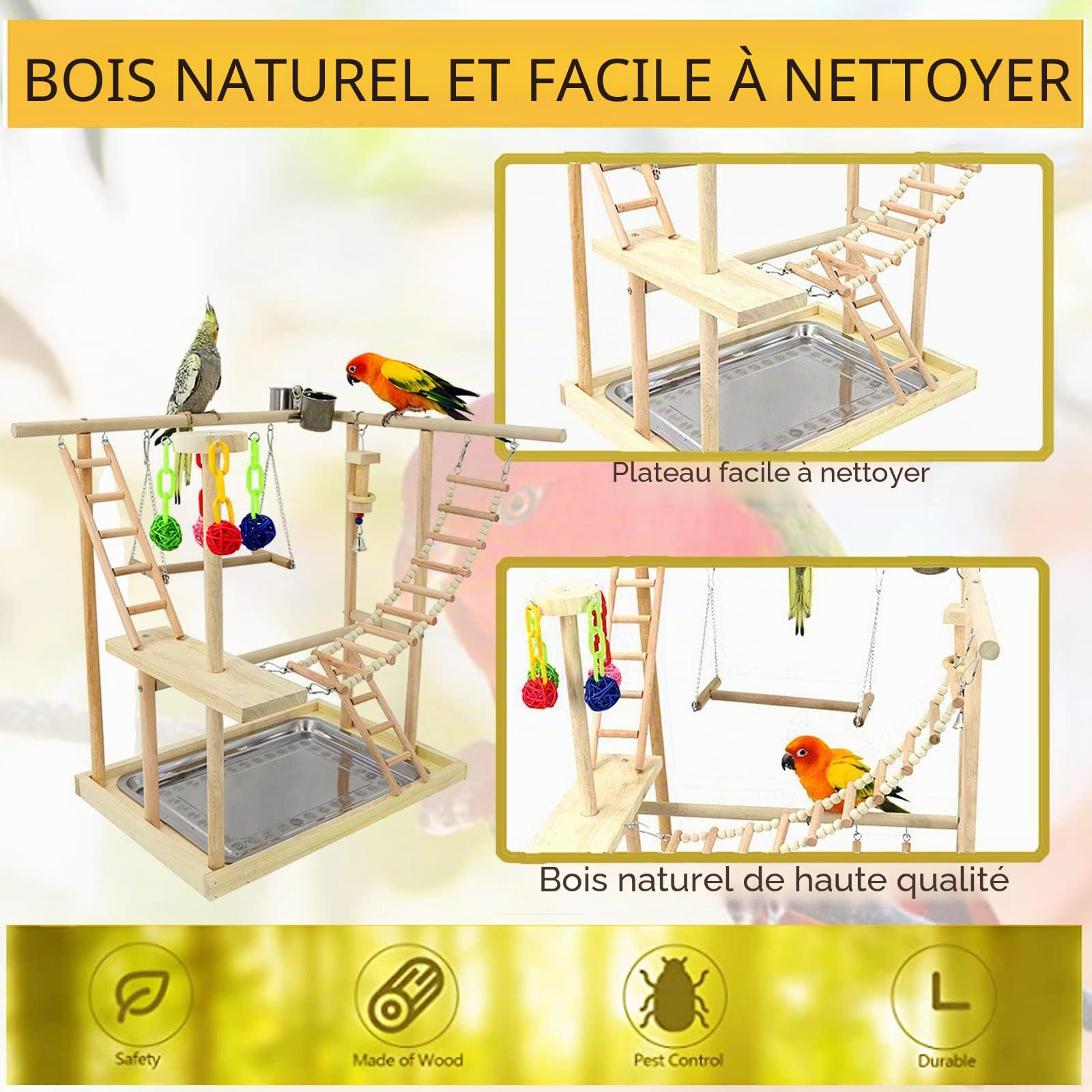 Joyeux grand ensemble d'aire de jeux pour perruches Bol de nourriture en acier, balançoire, échelle en bois, jouet coloré en rotin, plateau en acier
