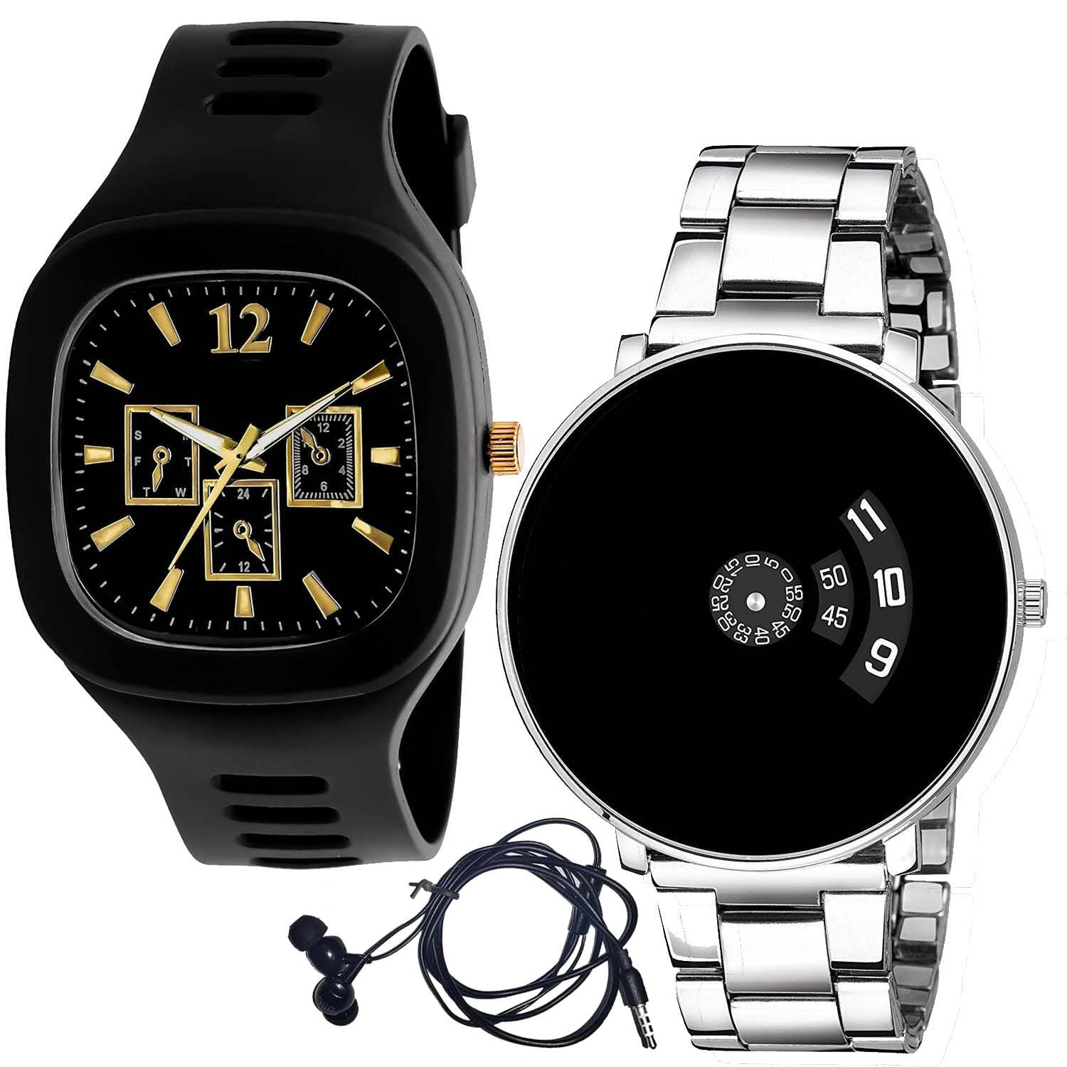 GenericBlack Square Analog ADDI Stylish Watch & Black Men's and Boy's Paidu Analog Watch Combo (with Earphone) Pack of 2
