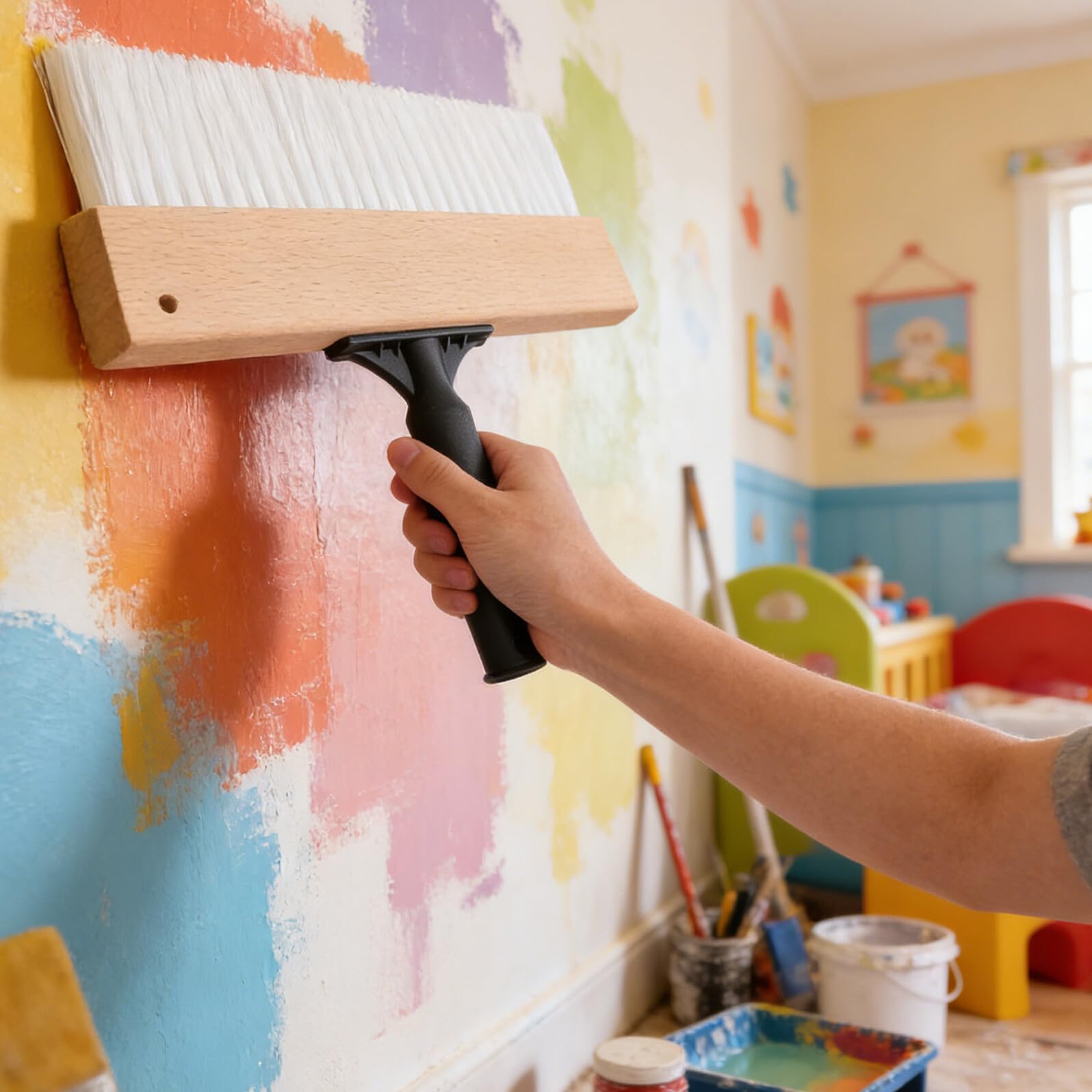 Sosoport Pennello Angolato per Pittura Artistica Setole Sintetiche Spesse da 32 Cm, Manico Ergonomico in Legno, Pennello Piatto per Texture Murali e Pittura su Tessuto, per Decorazioni Fai