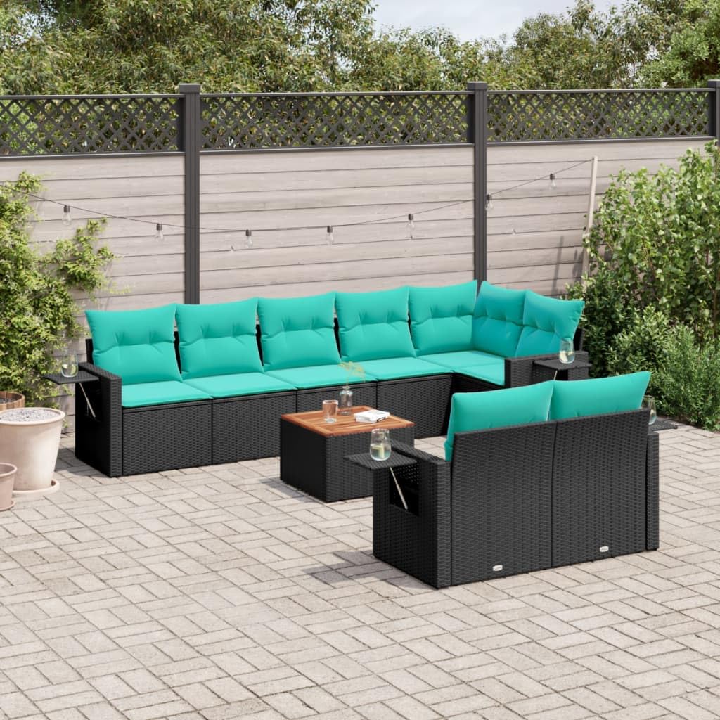Set divano da giardino 9 pezzi in rattan nero con tavolo acacia