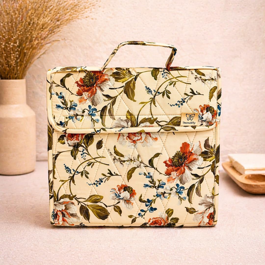 Trendifly Cotton Blend Foldable Multipocket Jewellery Organizer Suitcase Women Embroidery Design Travelling Jewelry Sutcase Bag 5 Transparent Pockets Necklace Bangles Rings Girls (Flower Brown)