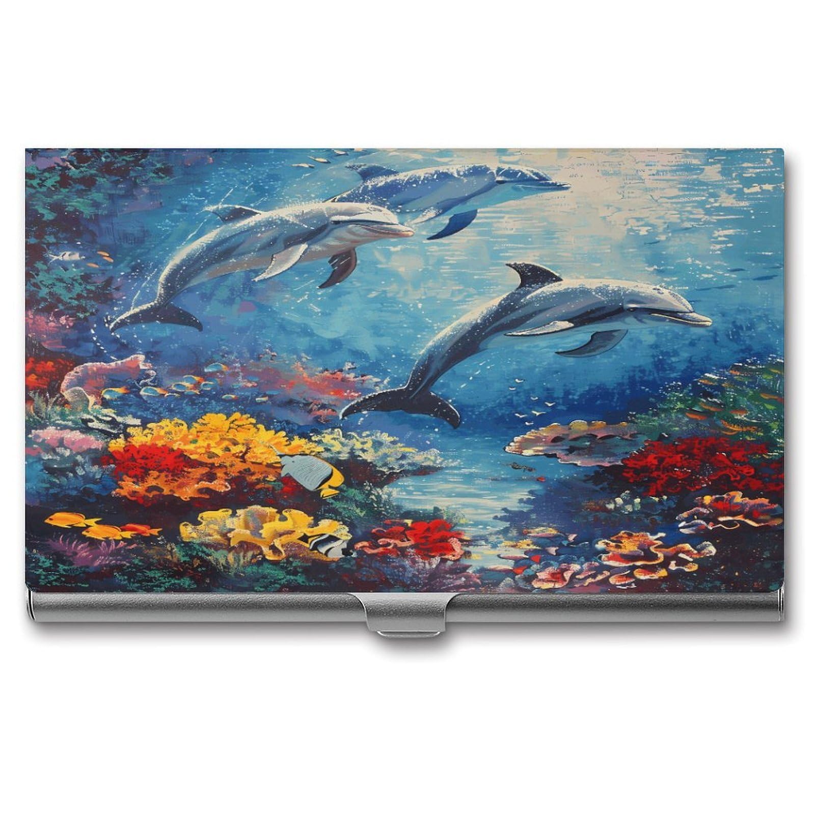 FekiLoot - Seabed Coral Fish Dolphin Business Card Case for Men Women, Business Card Holder with Ultra-Thin Business Card Case and Organizer