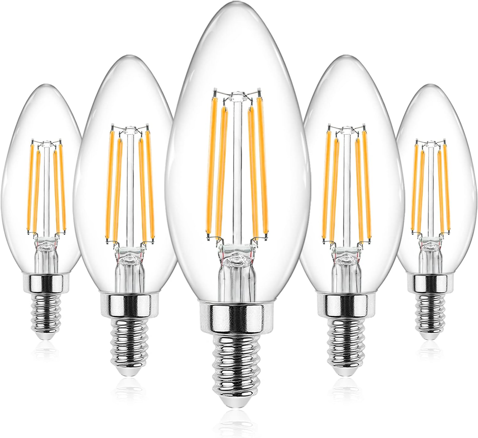 E12 Candelabra LED Light Bulbs 60 Watt Equivalent, Warm White 2700K, Non-Dimmable, 550 Lumen, Clear LED Filament Candle Bulbs, Pack of 5