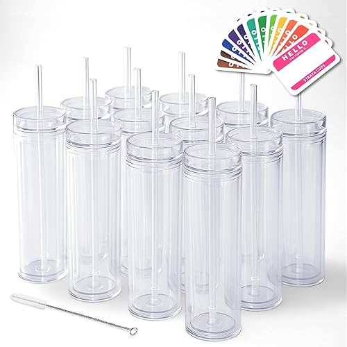 STRATA CUPS 12 Clear Skinny Tumblers with Lids and Straws | 16oz Reusable Cup Double-Wall Clear Tumbler with Lid and Straw, Durable Acrylic Tumblers With FREE Straw Cleaner & Name Tags