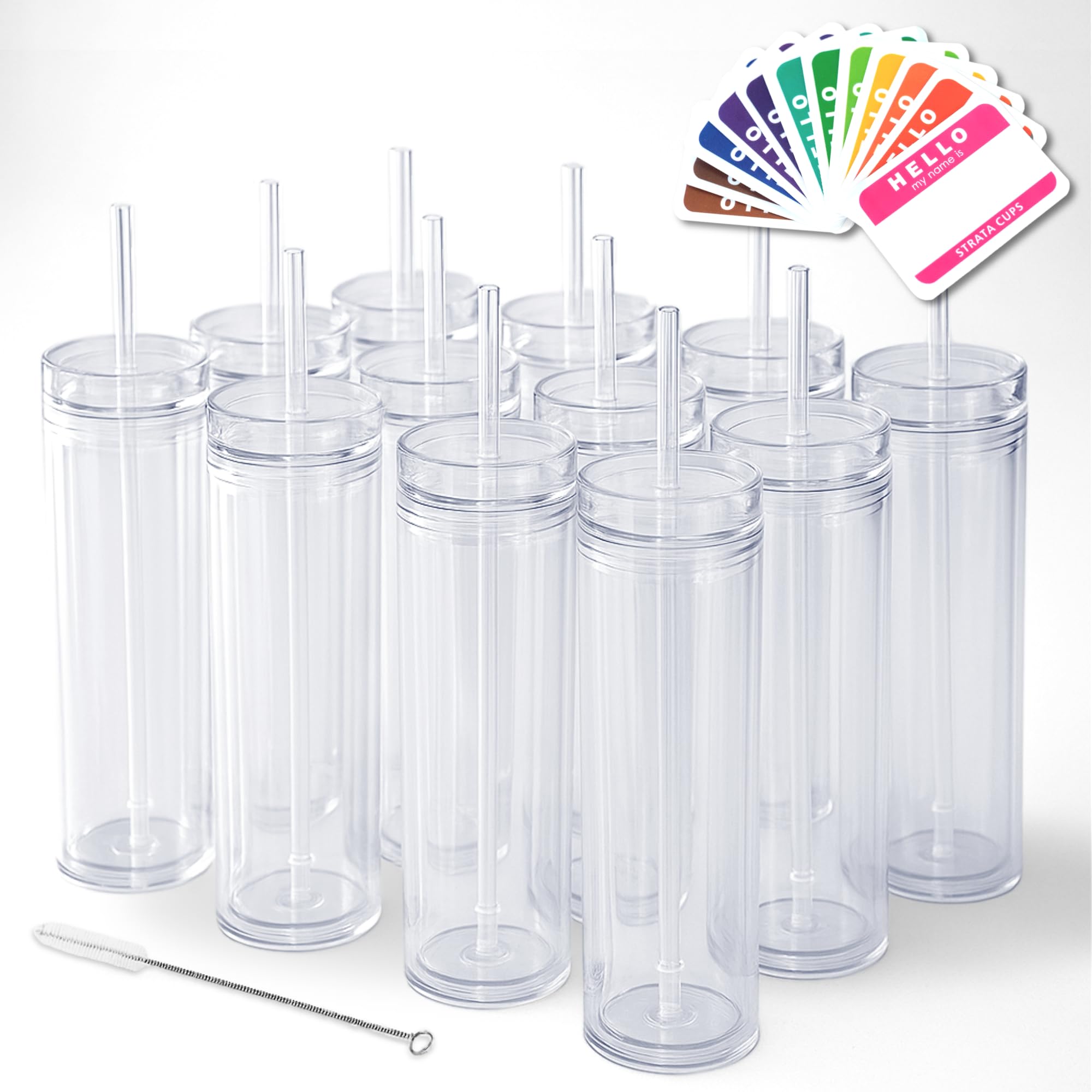 STRATA CUPS 12 Clear Skinny Tumblers with Lids and Straws | 16oz Reusable Cup Double-Wall Clear Tumbler with Lid and Straw, Durable Acrylic Tumblers With FREE Straw Cleaner & Name Tags