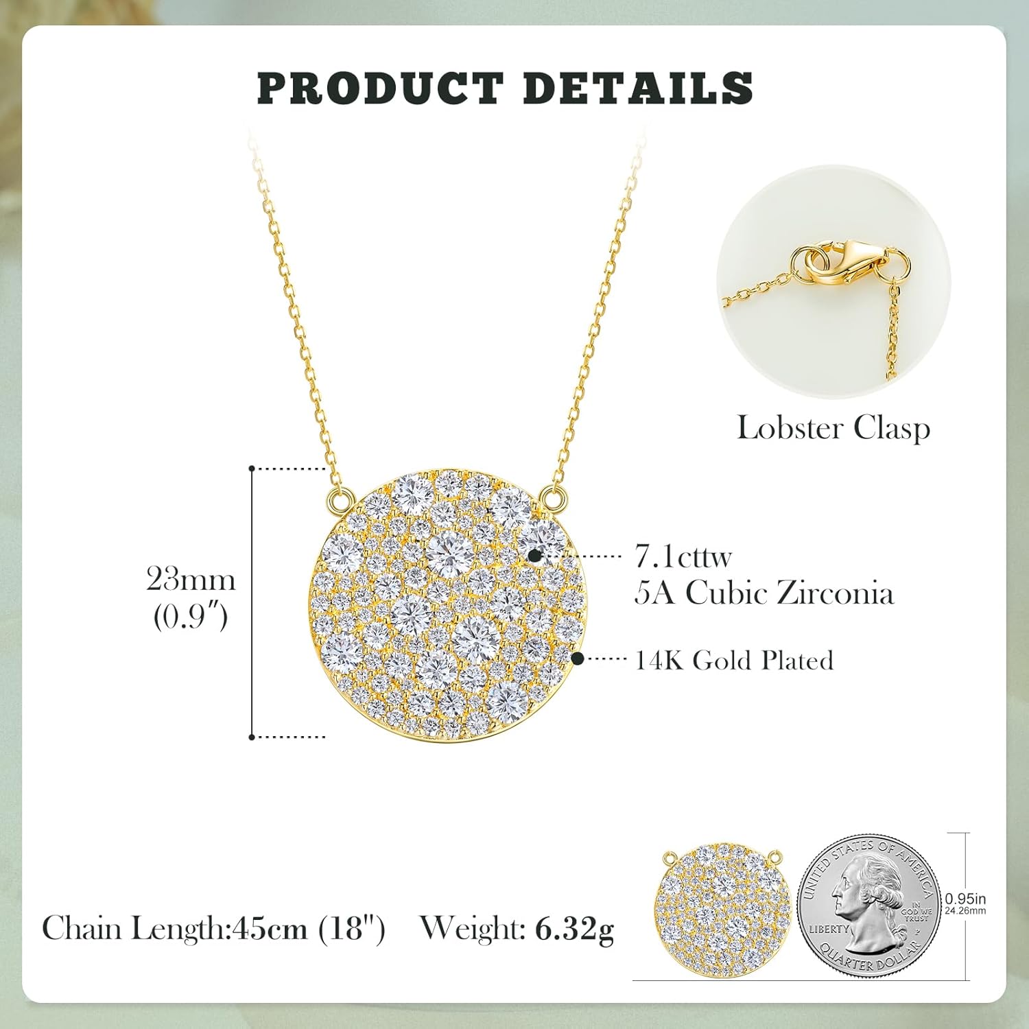 14K Gold Plated /925 Sterling Silver 18 Inch Pave Round Disc/Heart Pendant Necklace for Women Cubic Zirconia/Created Citrine/Ruby/Sapphire Fashion Jewelry - Image 4