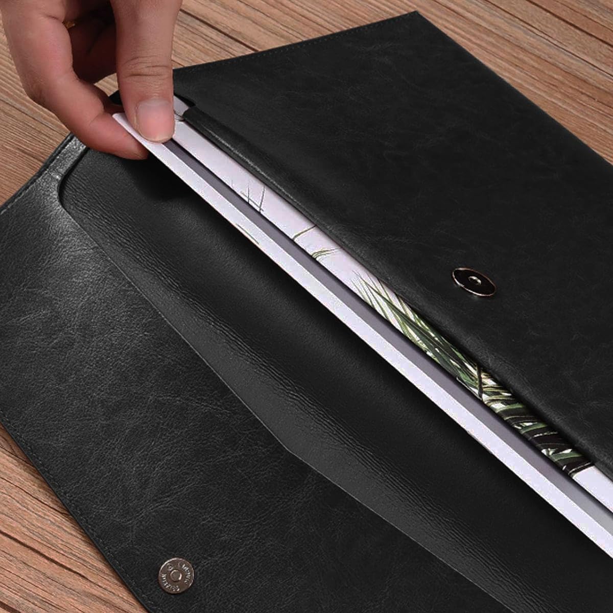 PROMOTEUP A4 A5 PU Leather Document Holder with Metal Button, 100 Sheets Capacity Office File Bags(Black) - Image 3