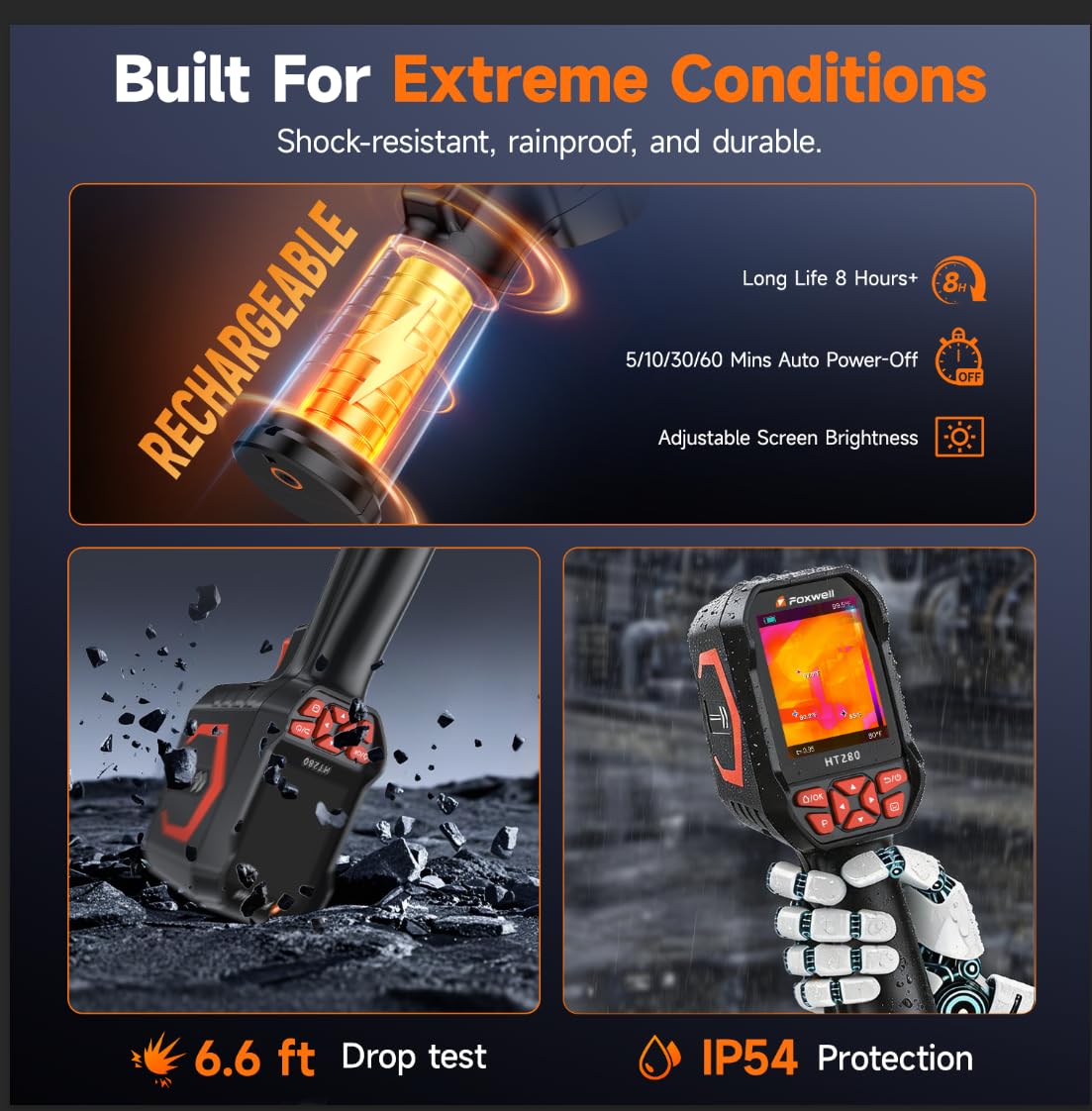 FOXWELL HT280 Wärmebildkamera, 320 × 240 2.8-Zoll-LCD-Bildschirm, 260 × 260 TISR-Auflösung, 25 Hz, tragbare Infrarotkamera mit Temperaturalarm für Inspektionen im privaten Bereich, in der Klimatechnik