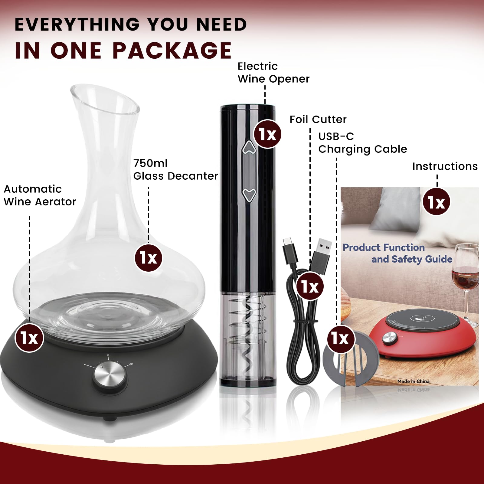 Carafe à vin noire avec shaker électrique, aérateur de vin à rotation automatique.