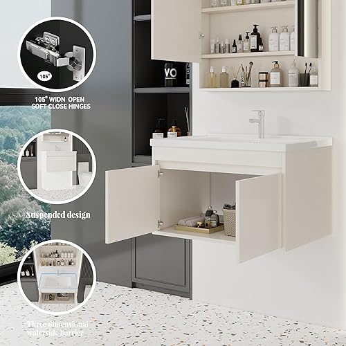Miniatura 232 de Tocador de baño de 20 pulgadas con lavabo de cerámica, tocador de baño pequeño montado en la pared con puerta de cierre suave, gabinete flotante