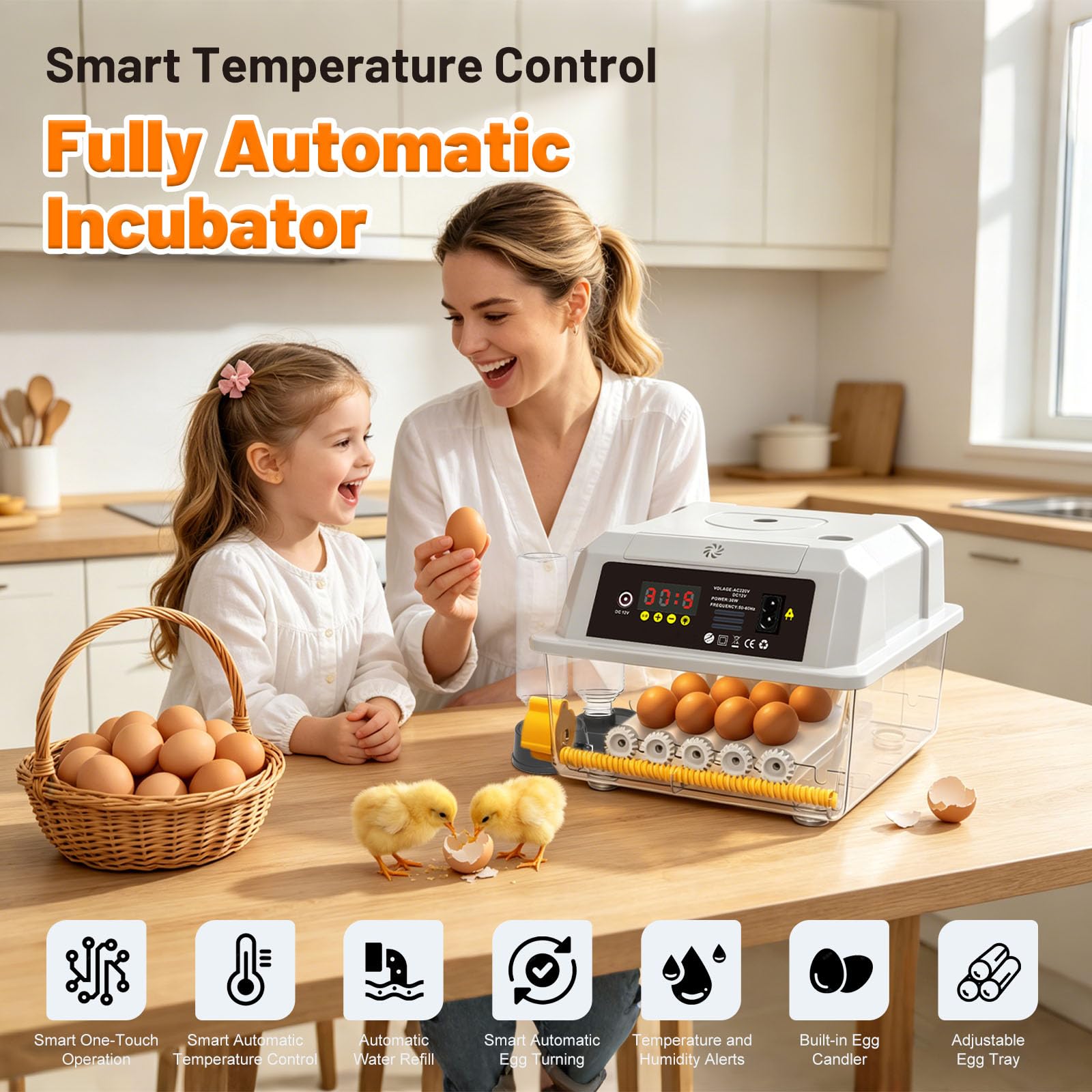 Incubatrice Per Uova Automatica Da 16 Uova – Girauova Automatico E Rabbocco Acqua Esterno, Incubatrice Per Uova Di Gallina Con Luce LED E Controllo Digitale Di Precisione Della Temperatura