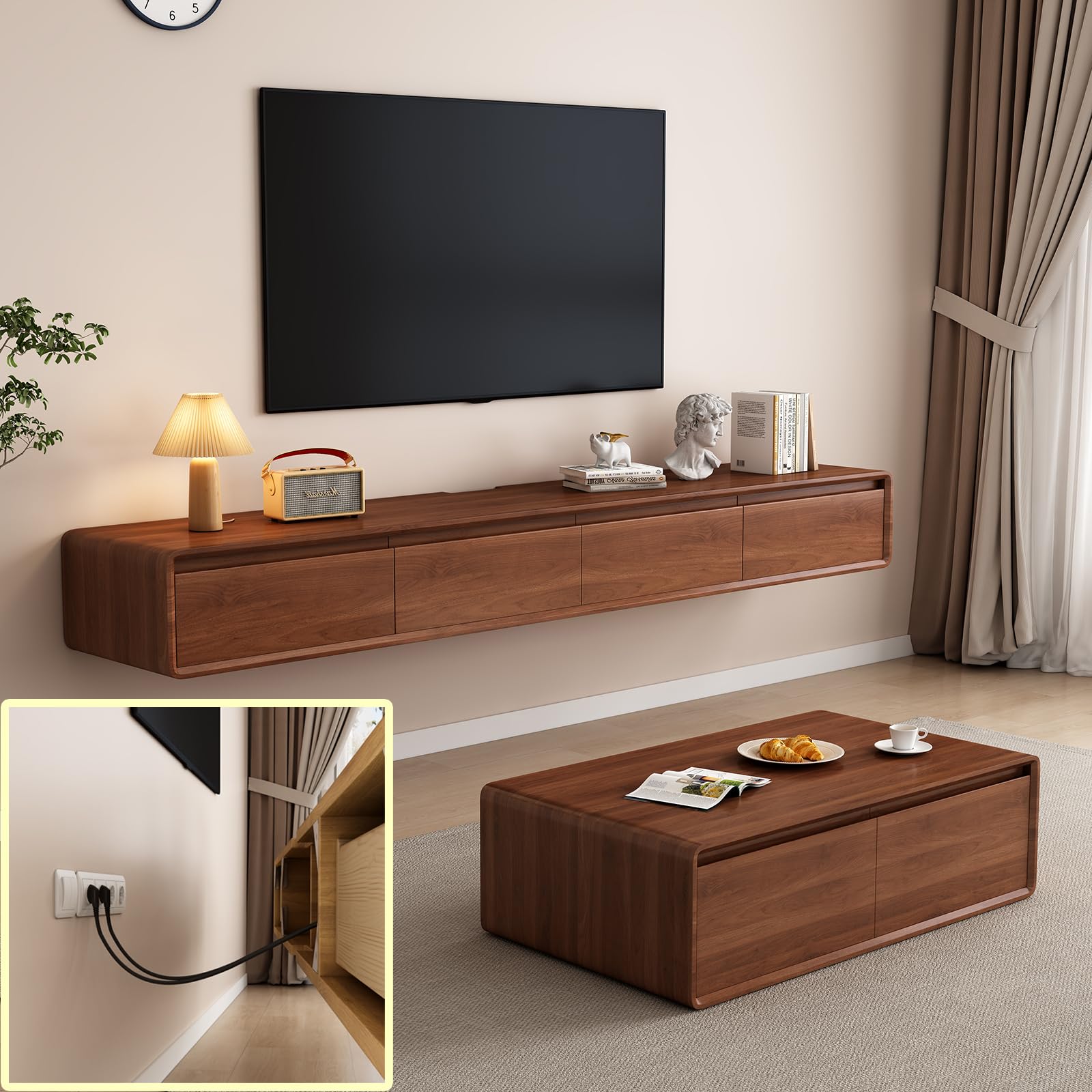Supporto TV flottante - Grande mensola a muro - Diversi scomparti di archiviazione - Console multimediale - Banco flottante sotto la televisione - In legno massiccio (marrone, 160 x 20 x 24 cm)