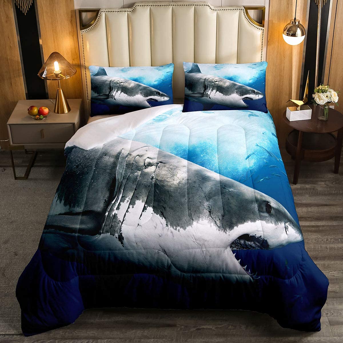 Kids Duvet for Boys Girls,3D Shark Fish Down Comforter Hawaiian Beach Bedding Quilted Duvet Set Ocean Sea Animal Blue Duvet Insert for Toddler Teen Double Size — image 1