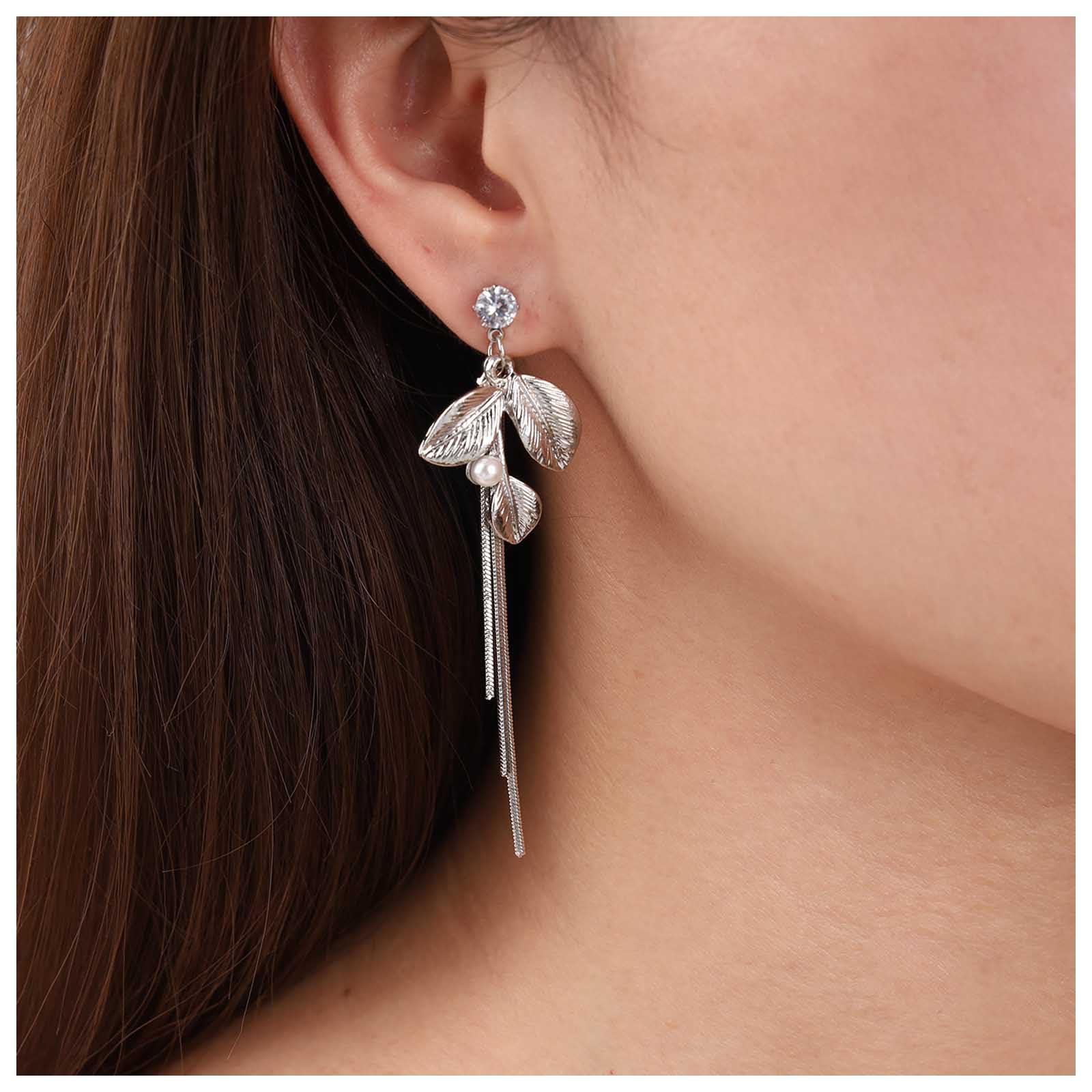 Dervivea Boho Pendientes Colgantes De La Hoja De Largo Elegante Cadena De Borlas Pendientes De Cristal Pendientes De La Hoja De Plata Rama De La Hoja Gota Pendientes De Joyería Para Las Mujeres