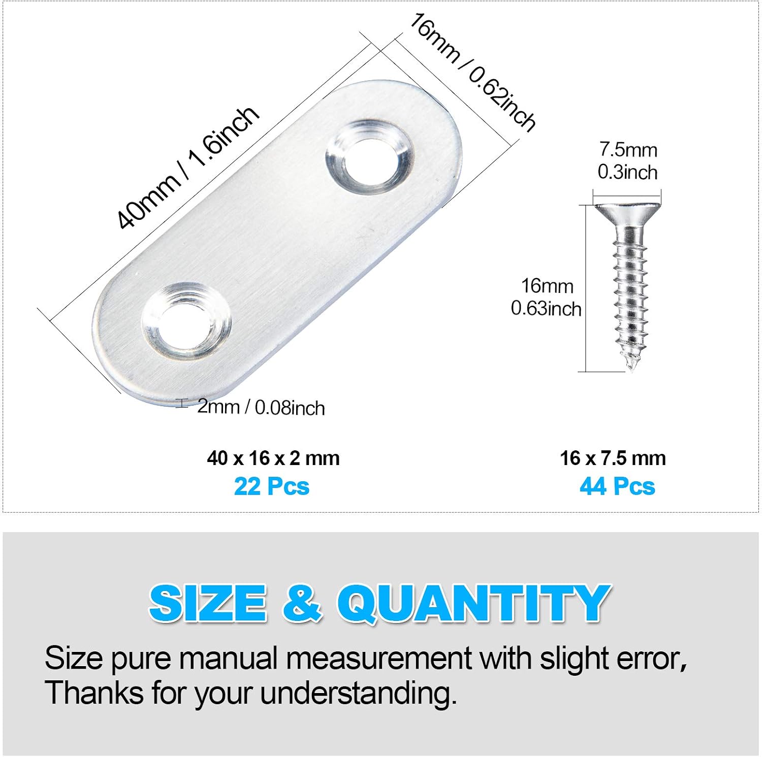 22PCS Mending Plates Flat Brackets Straight Brackets 40mm/1.6inch Stainless Steel Brackets Mending Brace for Wood Shelves Dressers Chairs Cupboard Drawers with Screws
