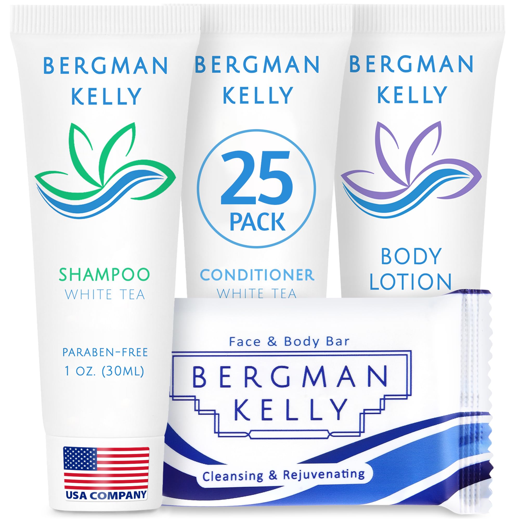 BERGMAN KELLY Hotel Toiletries Bundle (White Tea, 1 oz each, 100 Pieces) 4-Piece Set: 25 Rectangular Bar Soap, 25 Shampoo, 25 Conditioner & 25 Body Lotion - Bulk Mini Guest Amenities