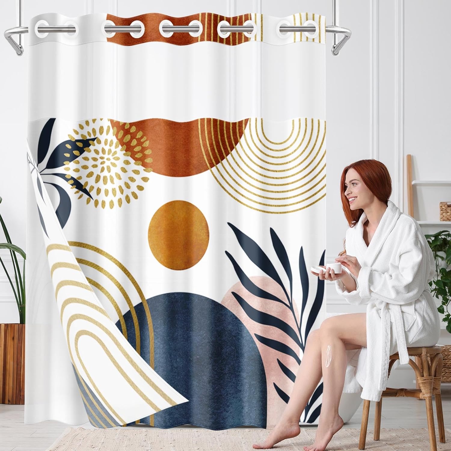 No Hook Boho Mid Century Shower Curtain with Snap in Fabric Liner, Abstract Leaves Sun Arch Double Layers Waterproof Fabric with See Through Top Window Open Grommet Bath Curtain 71x74 Inch