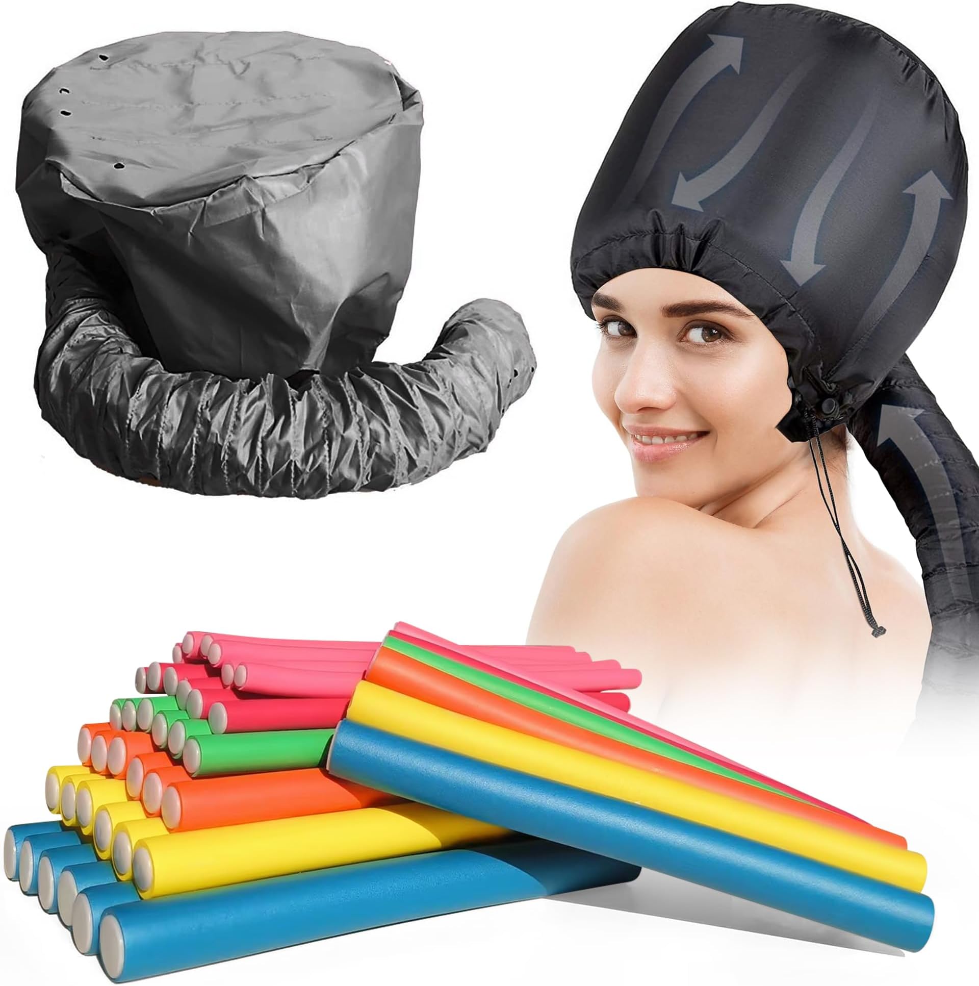 42 pcs 7" Flexi Rods,Hair Curlers Rollers Flexible Curling Rods,Heatless Bendy Foam Curls for Long,Medium,Short Hair to Sleep in,with Hair Dryer Bonnet for Quick Shaping(Black)